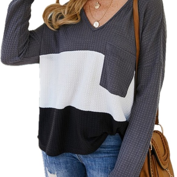 Charcoal Color Block Waffle Knit Top | Long Sleeve V-Neck | NWT - Picture 2 of 7